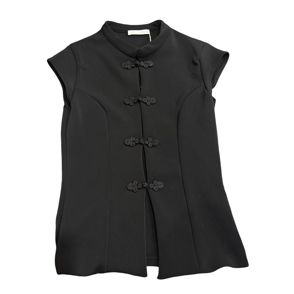 Zara Black Mandarin Collar Frog Button Knit Top Short Sleeve Small